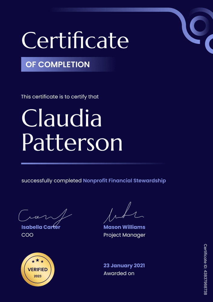 Professional and navy non-profit completion certificate template portrait