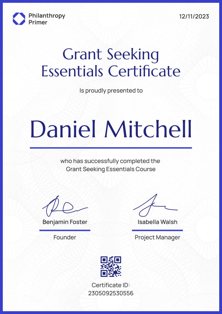 Decorated and professional blue non-profit certificate template portrait