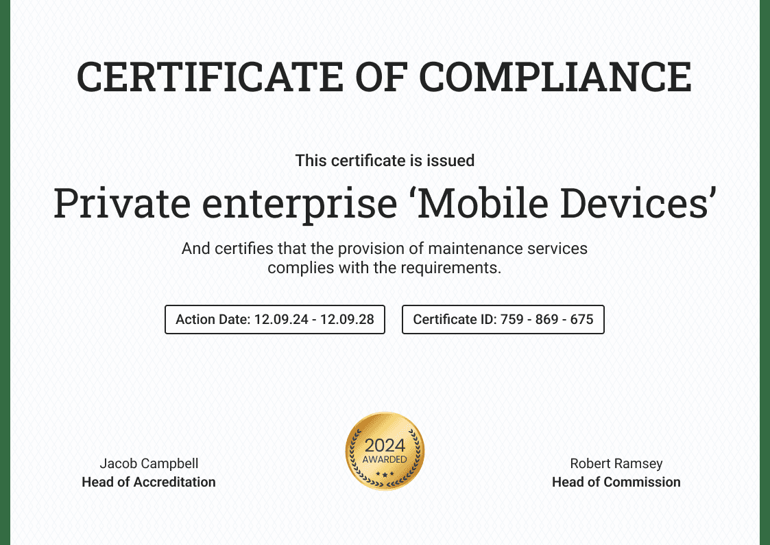 Original and professional certificate of compliance template landscape