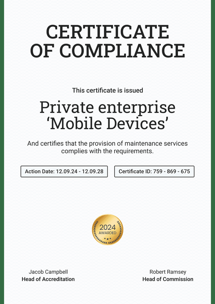 Original and professional certificate of compliance template portrait