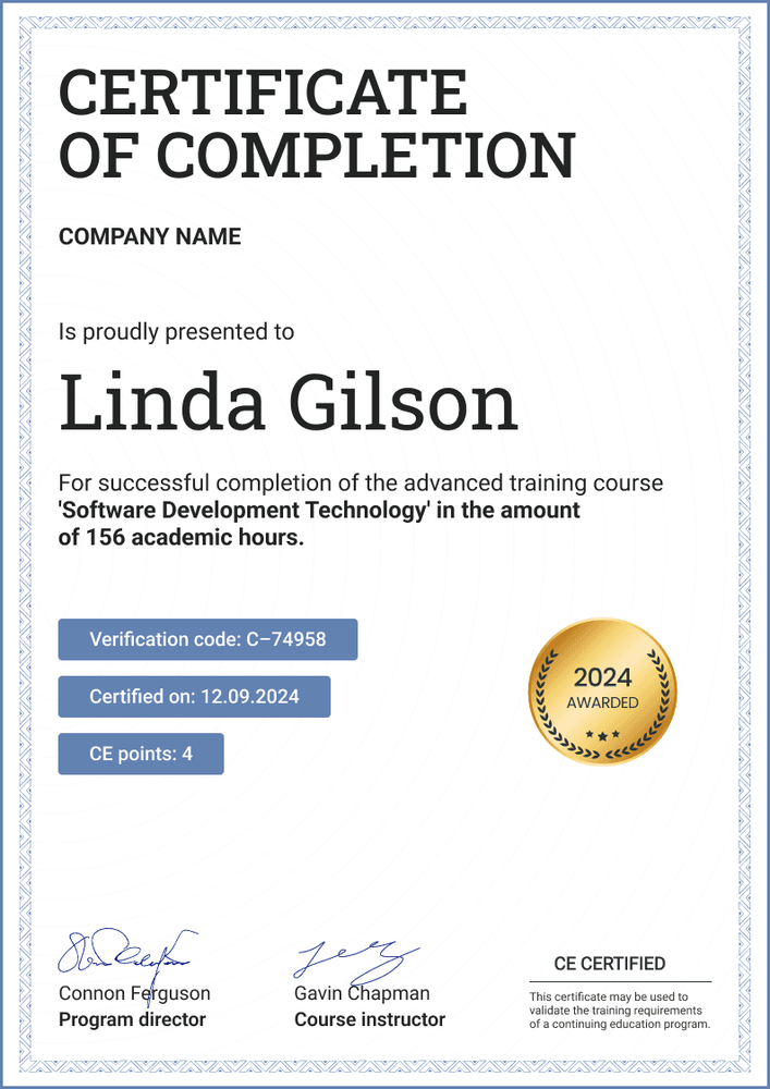 Bright and professional Continuing Education certificate template portrait