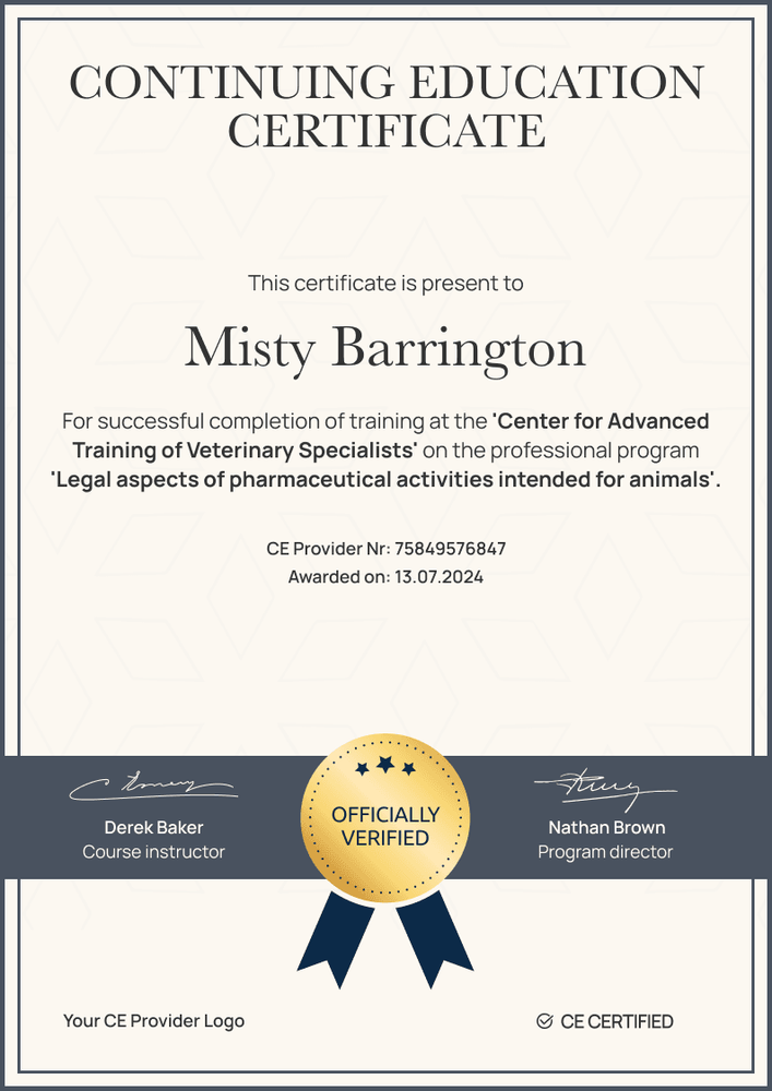Classic and professional Continuing Education certificate template portrait