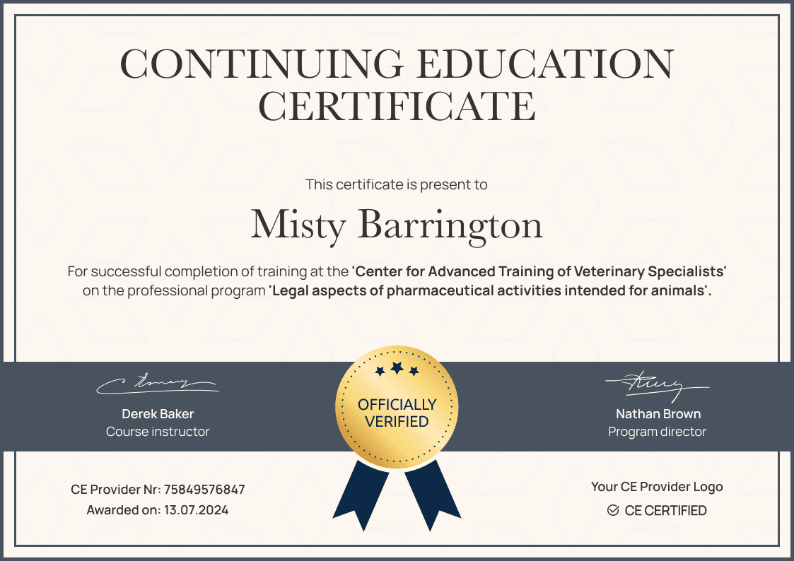 Classic and professional Continuing Education certificate template landscape