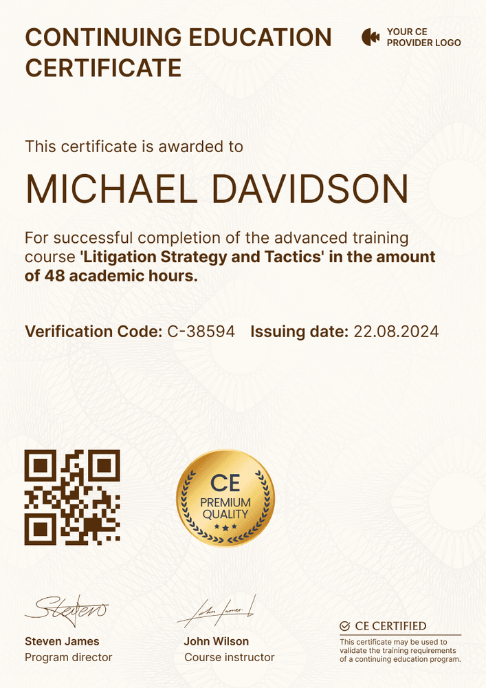 Sleek and professional Continuing Education certificate template portrait