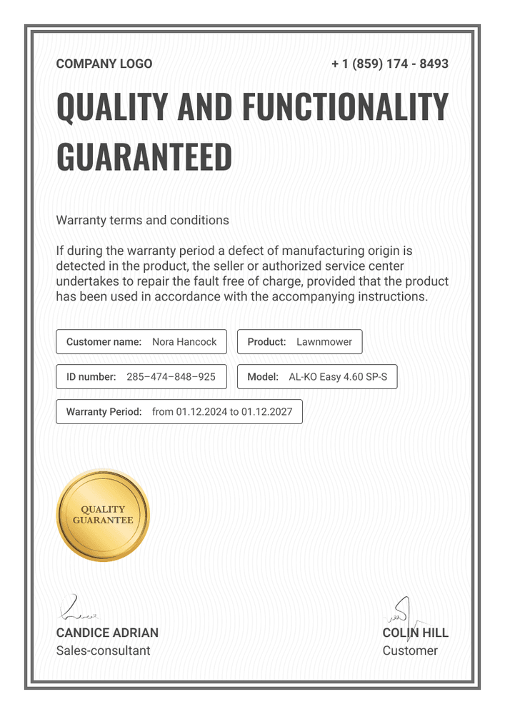 Minimalistic and professional warranty certificate template portrait