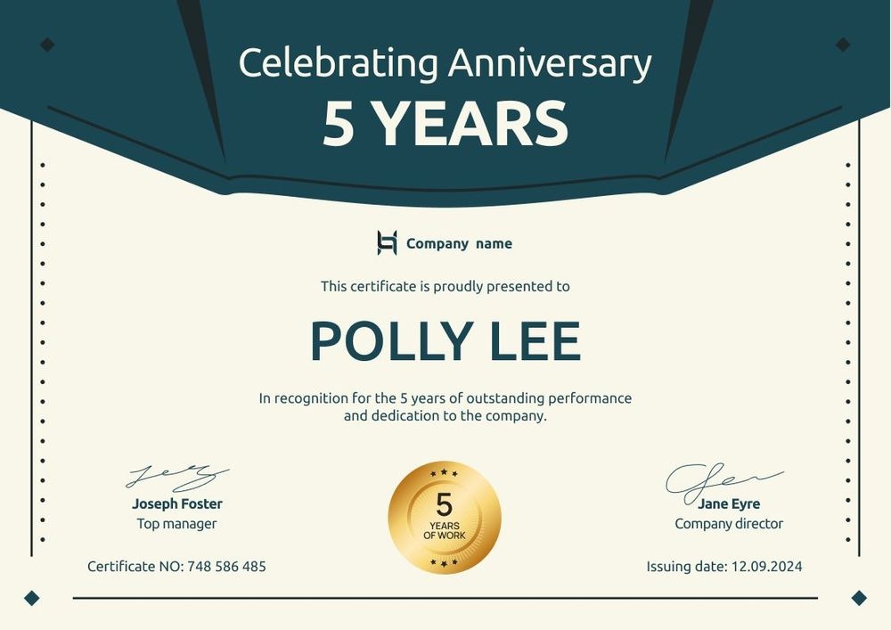 Modern and gripping work anniversary certificate template landscape