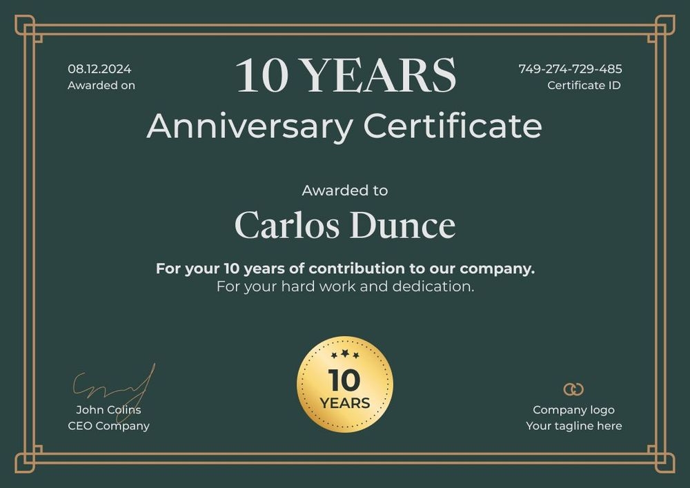 Classy and modern work anniversary certificate template landscape