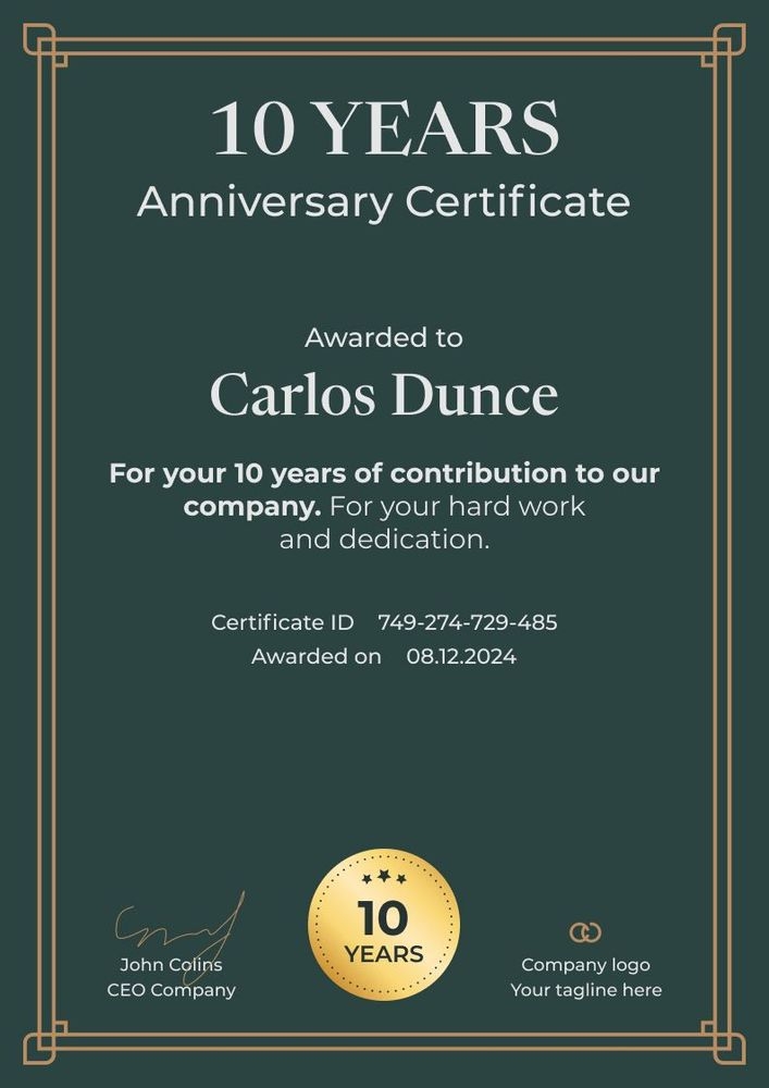Classy and modern work anniversary certificate template portrait