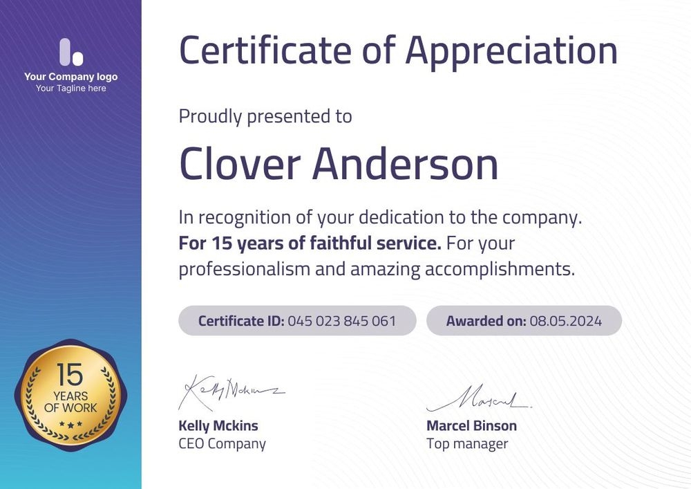 Modern and glowing work-anniversary certificate template landscape