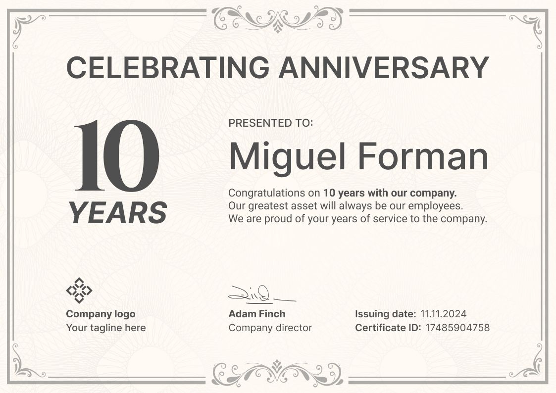 Simple and traditional work anniversary certificate template landscape