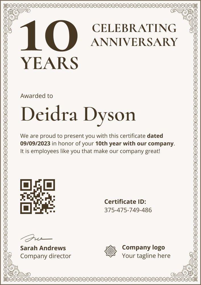 Simple and tweaked work anniversary certificate template portrait