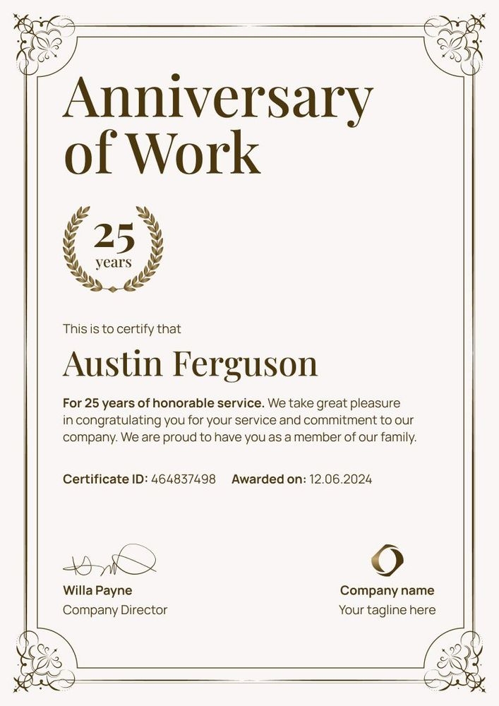 Simple and framed work anniversary certificate template portrait