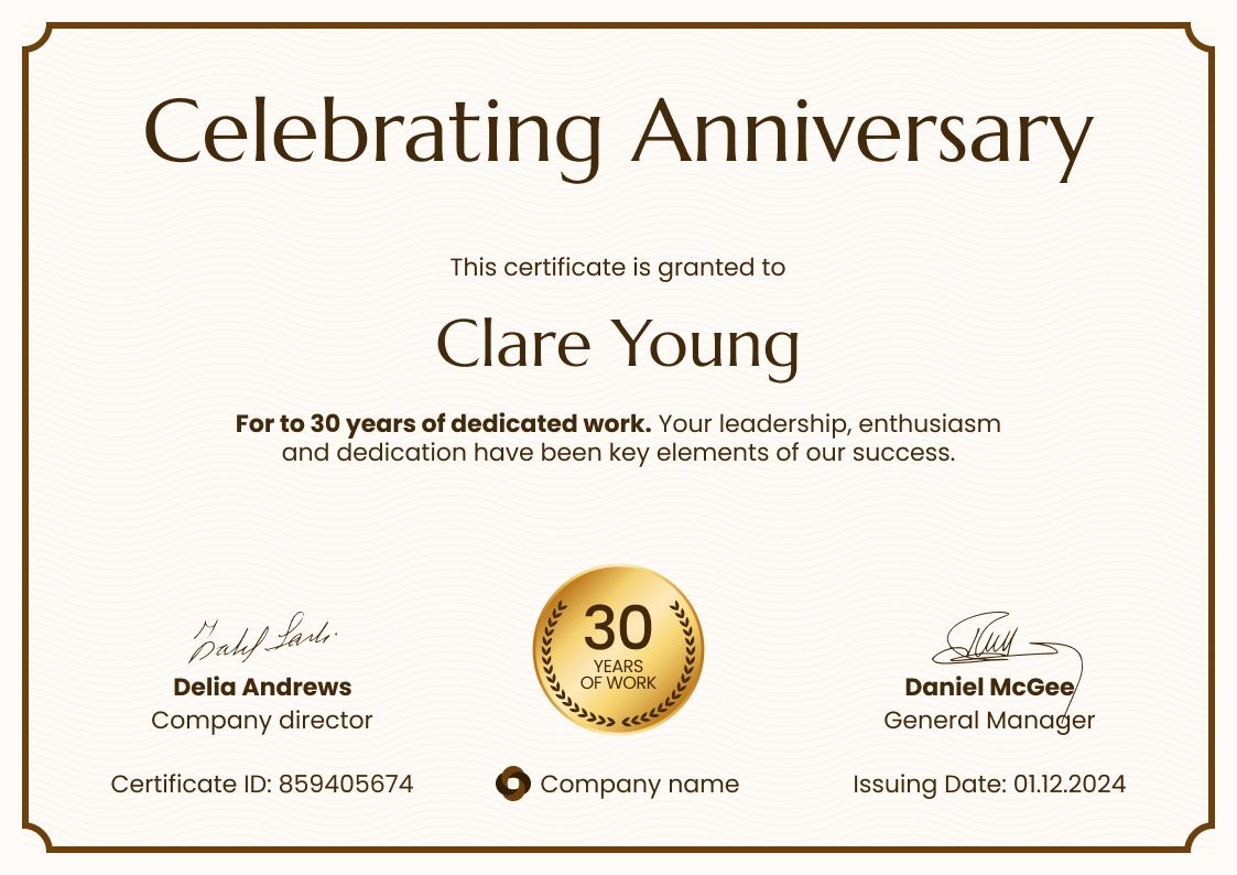 Formal and editable work anniversary certificate template landscape