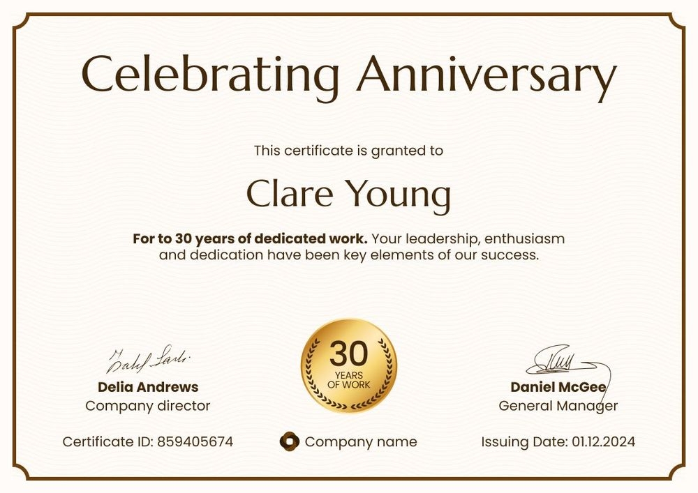 Formal and editable work anniversary certificate template landscape