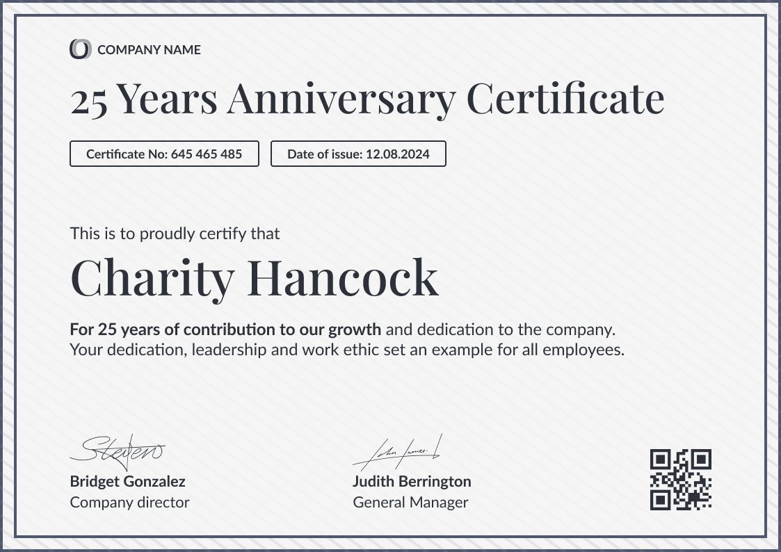 Formal and organized work anniversary certificate template landscape