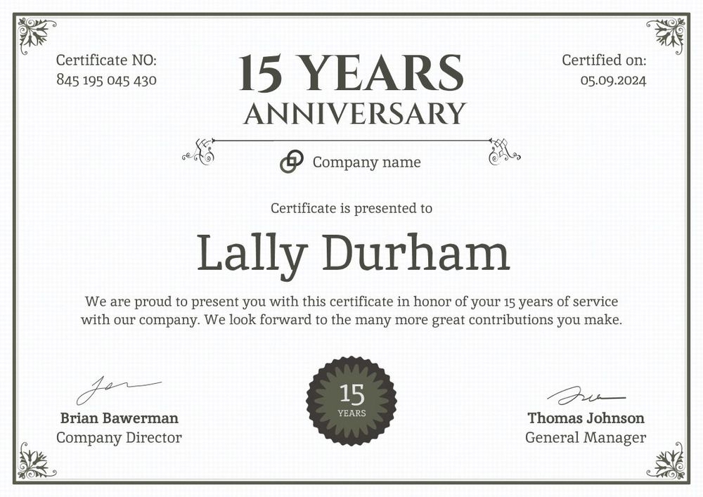 Simple and ornamental work anniversary certificate template landscape
