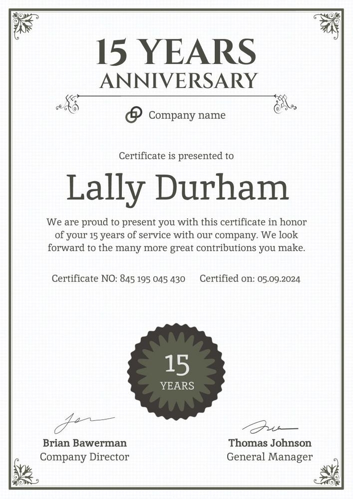 Simple and ornamental work anniversary certificate template portrait