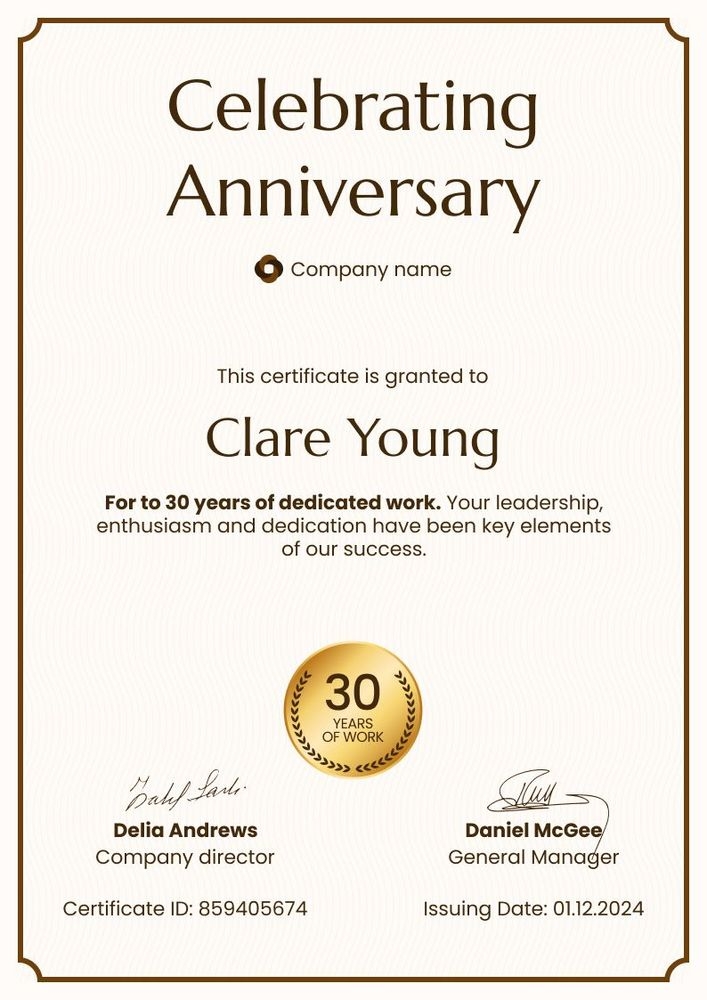 Formal and editable work anniversary certificate template portrait