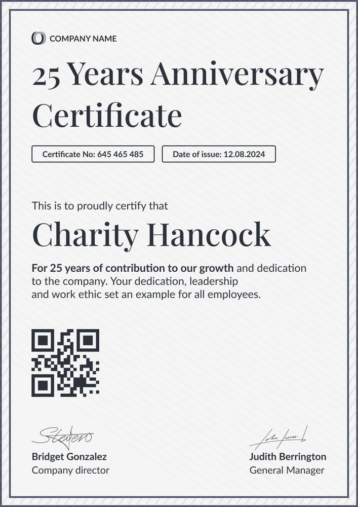 Formal and organized work anniversary certificate template portrait