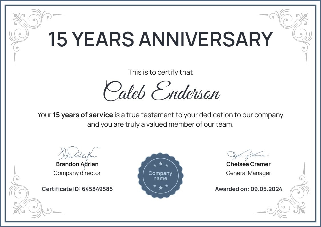 Formal and fancy work anniversary certificate template landscape