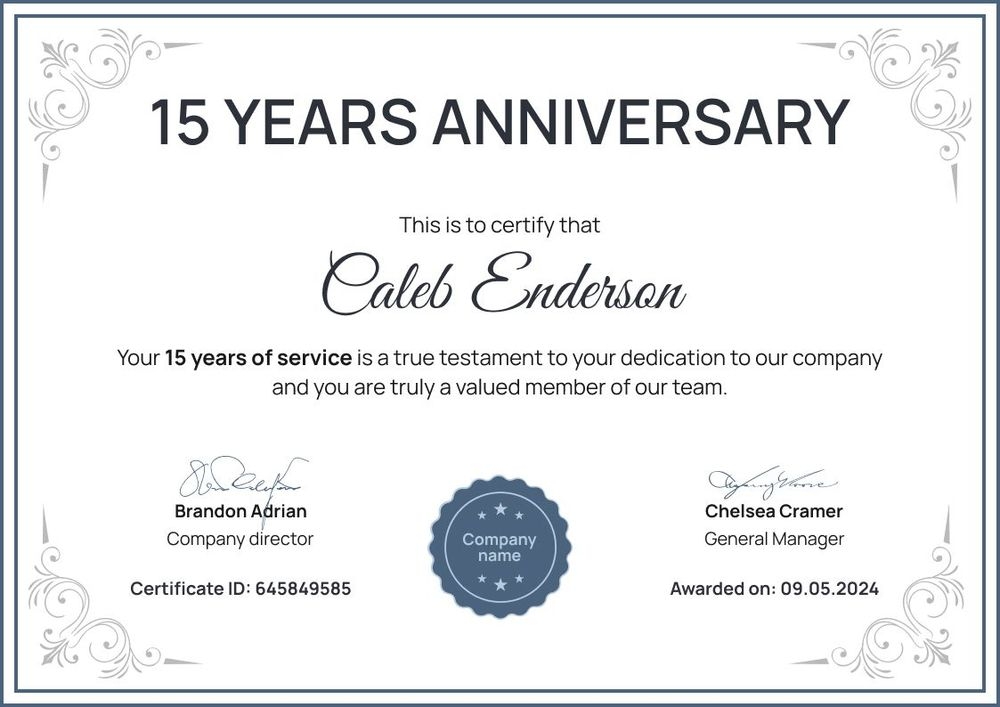 Formal and fancy work anniversary certificate template landscape