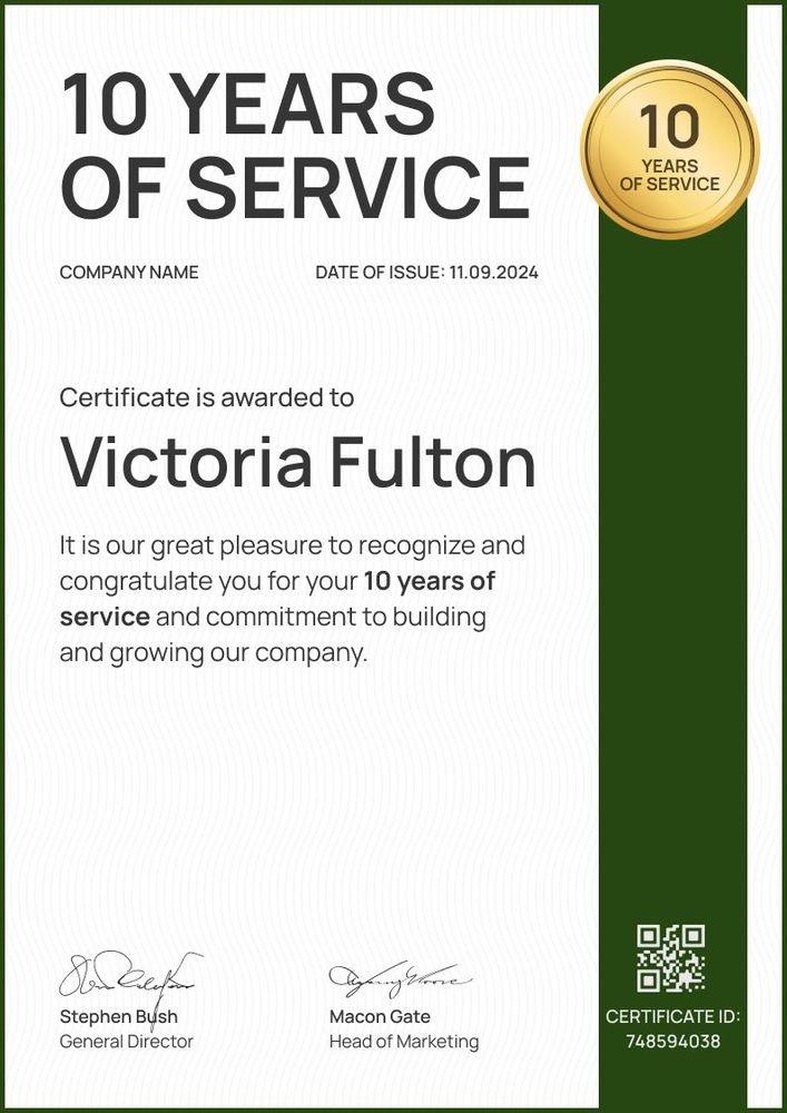 Professional and outstanding work anniversary certificate template portrait