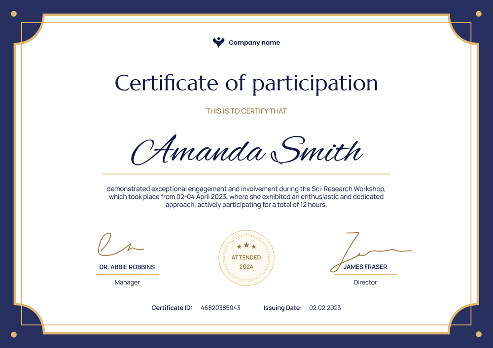 Formal and traditional certificate of participation template landscape