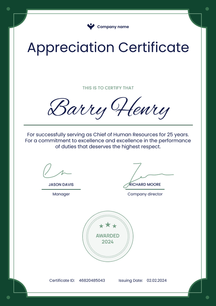 Corporate and professional appreciation certificate template portrait