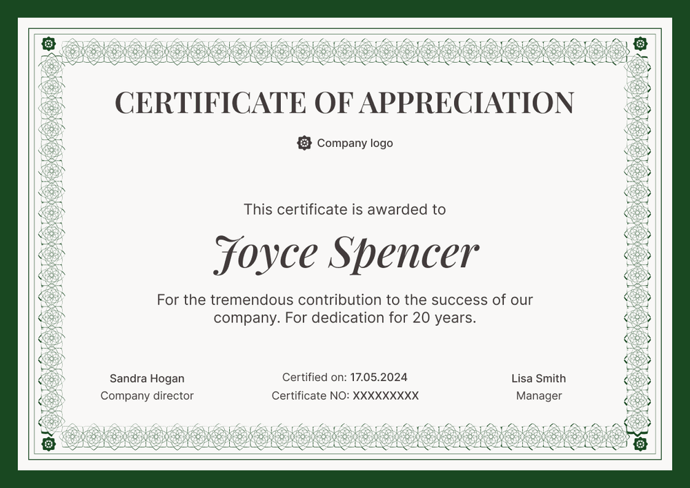 Ornate and professional certificate of appreciation template landscape