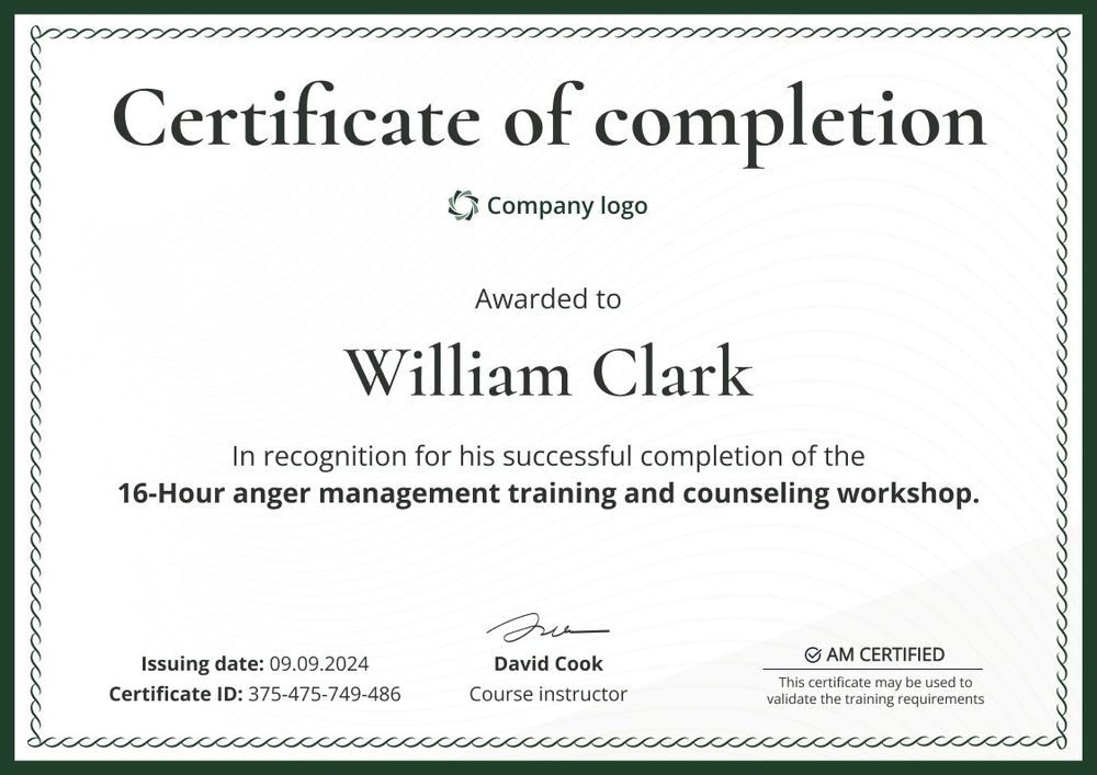 Formal and simple anger management certificate template landscape
