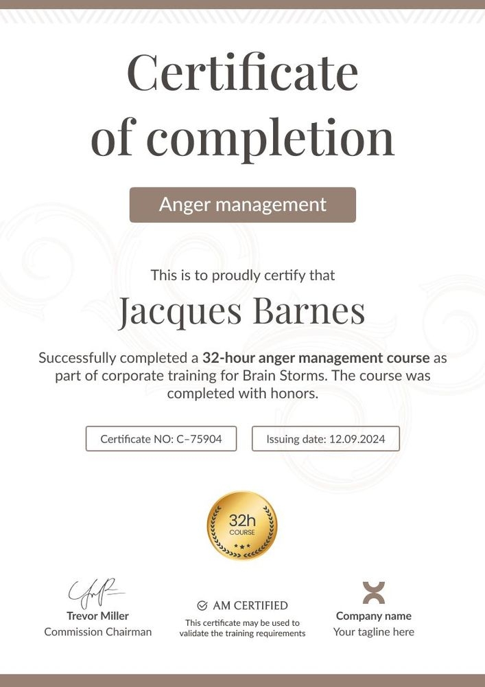 Subtle and formal anger management certificate template portrait