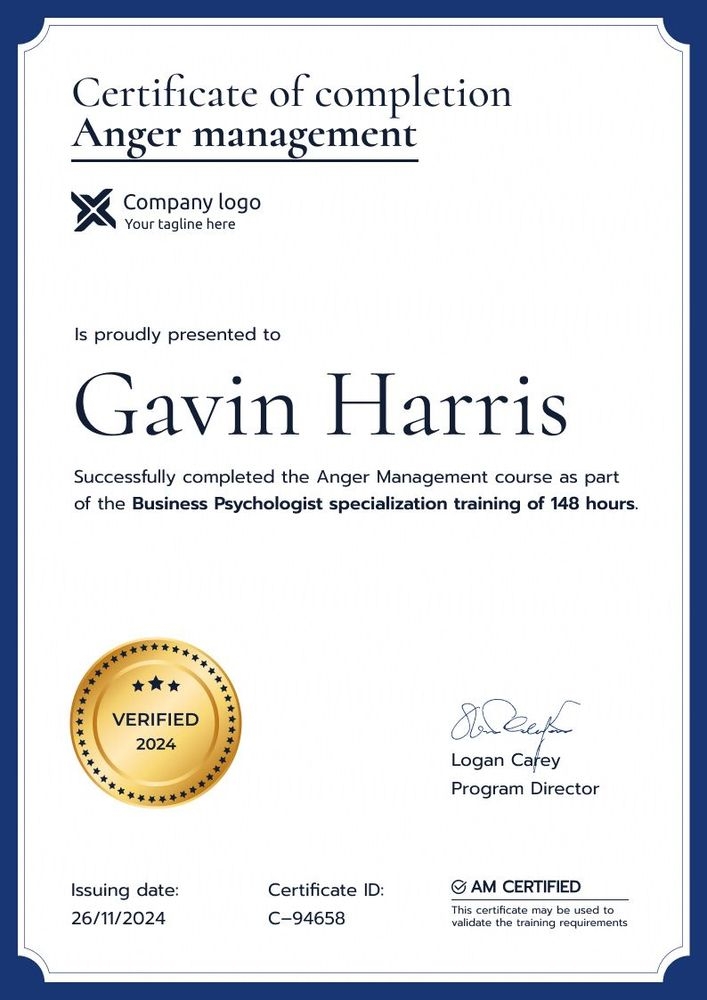 Minimalistic and formal anger management certificate template portrait
