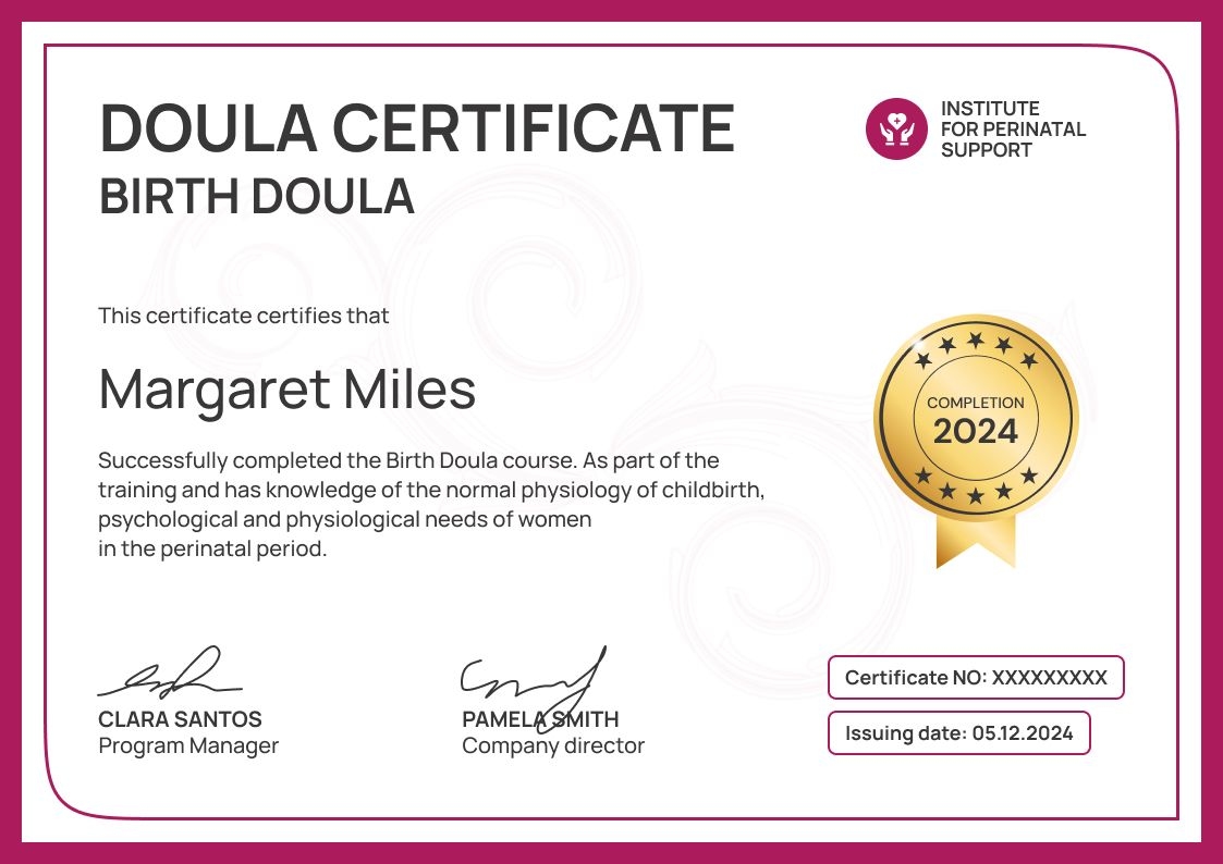 Sleek and professional doula certificate template landscape