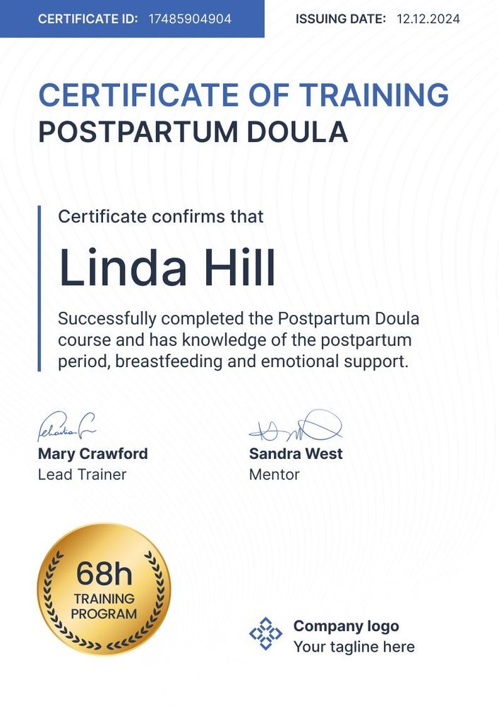 Modern and professional doula certificate template portrait