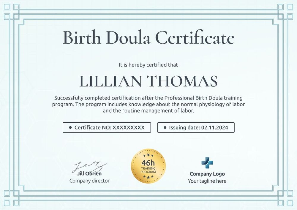Elegant and professional doula certificate template landscape