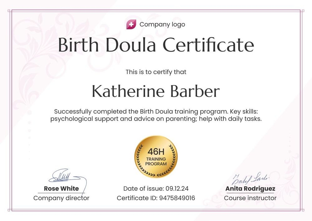 Editable and professional doula certificate template landscape