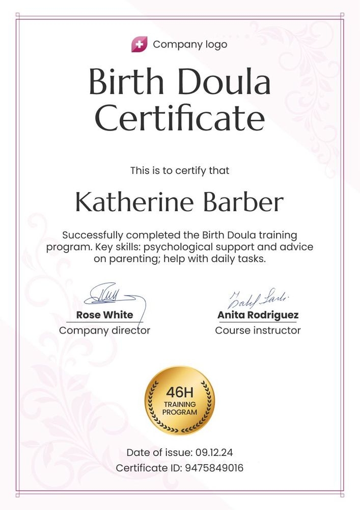 Editable and professional doula certificate template portrait