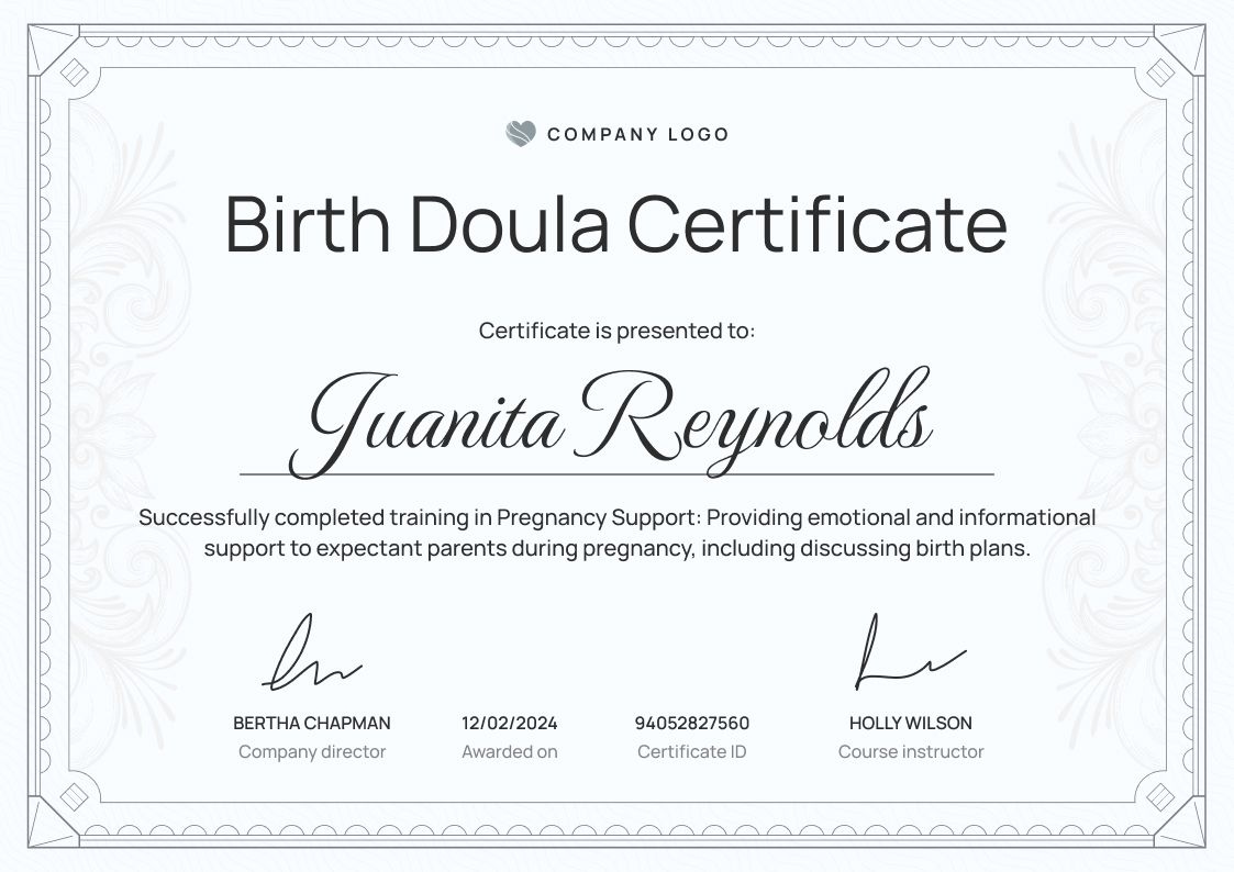 Stylish and professional doula certificate template landscape