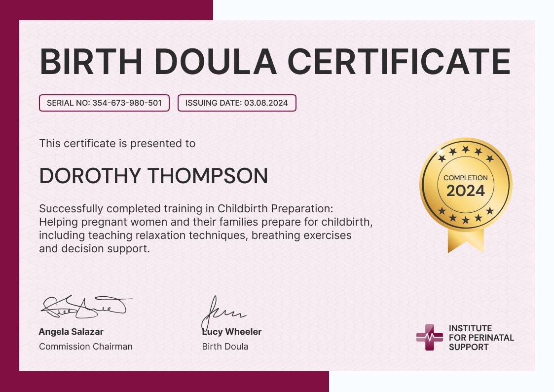 Contemporary and professional doula certificate template landscape