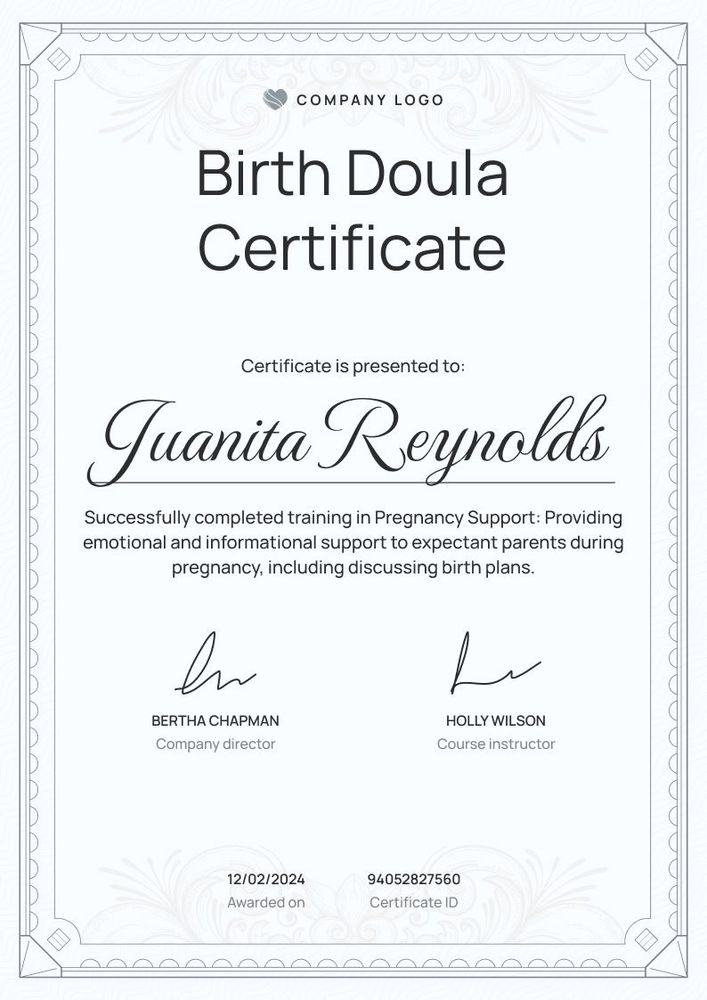 Stylish and professional doula certificate template portrait