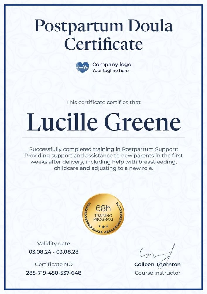 Polished and professional doula certificate template portrait