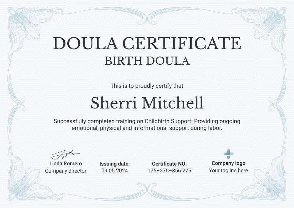 Sophisticated and professional doula certificate template landscape