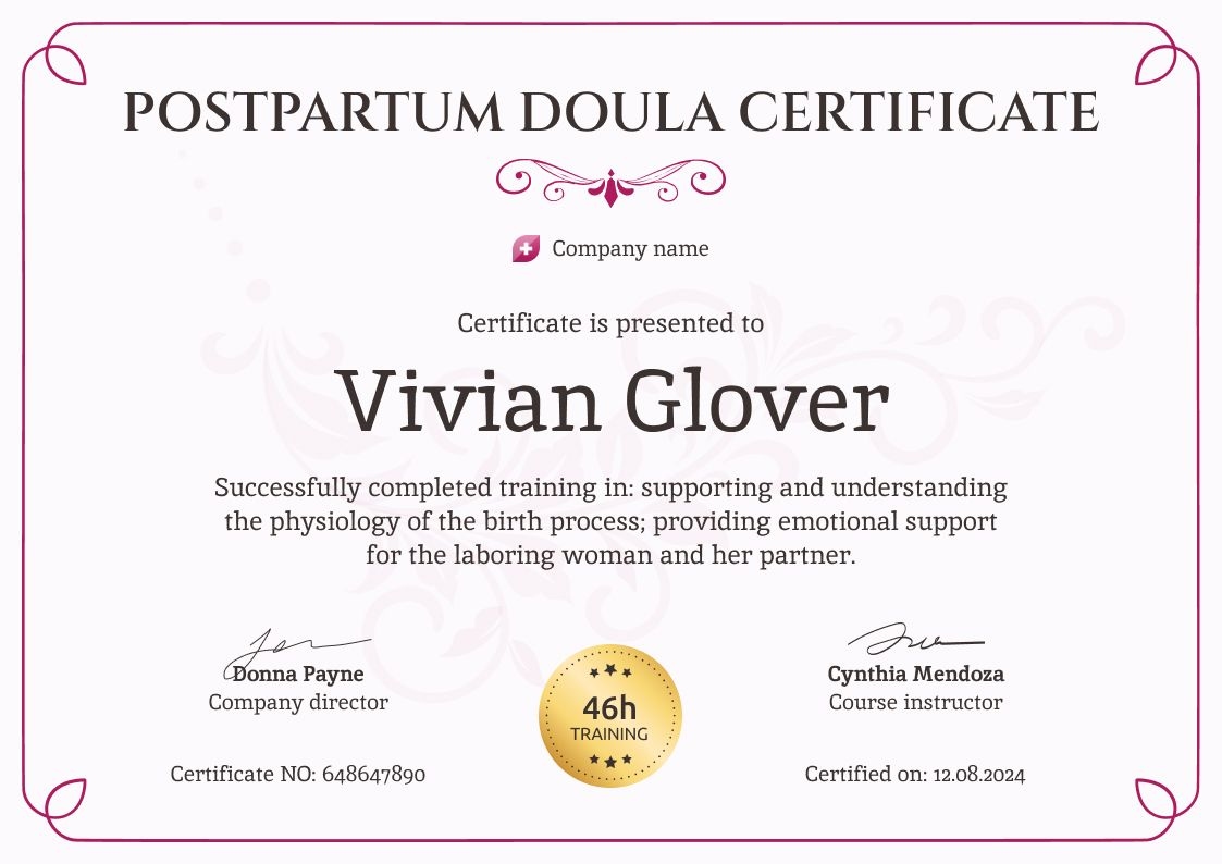 Flexible and professional doula certificate template landscape