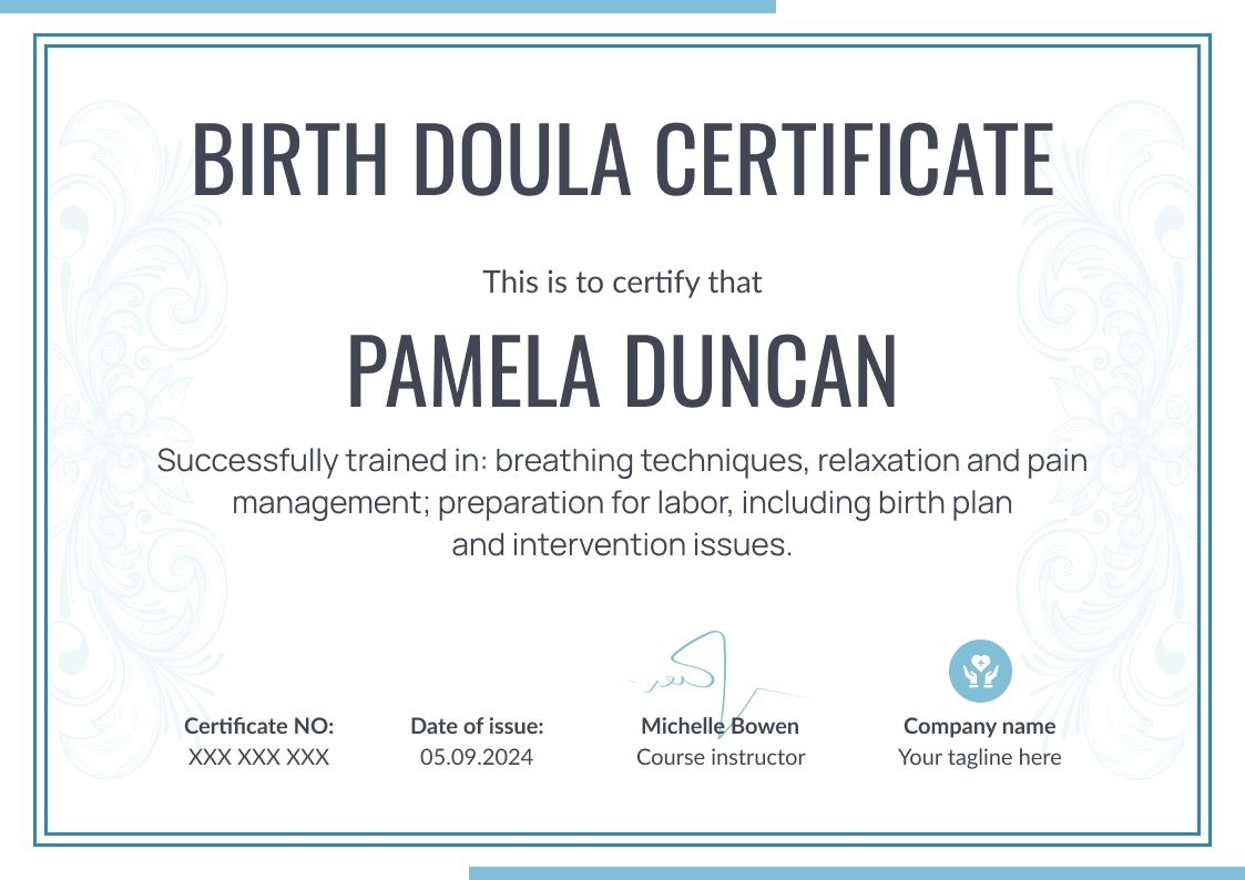 Pure and professional doula certificate template landscape