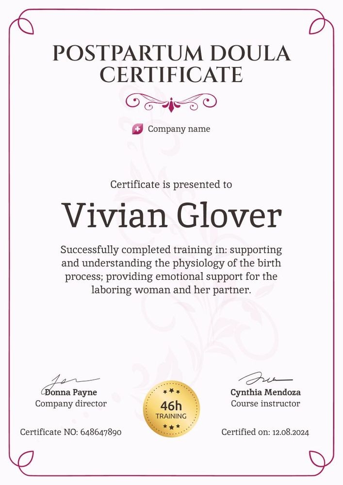Flexible and professional doula certificate template portrait