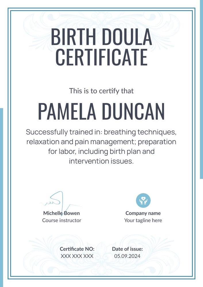 Pure and professional doula certificate template portrait