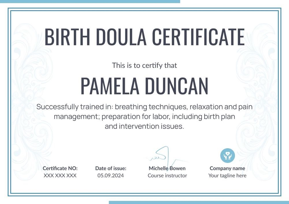 Pure and professional doula certificate template landscape