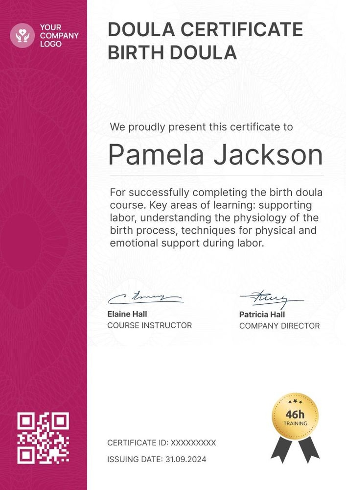 Vibrant and professional doula certificate template portrait