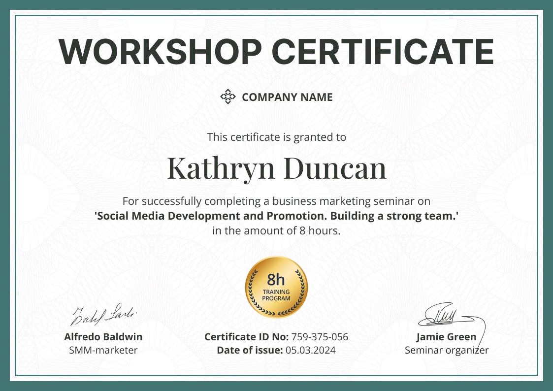 Flexible and professional workshop certificate template landscape