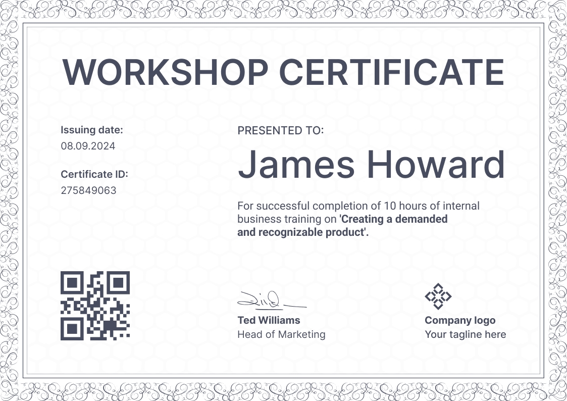 Fancy and professional workshop certificate template landscape